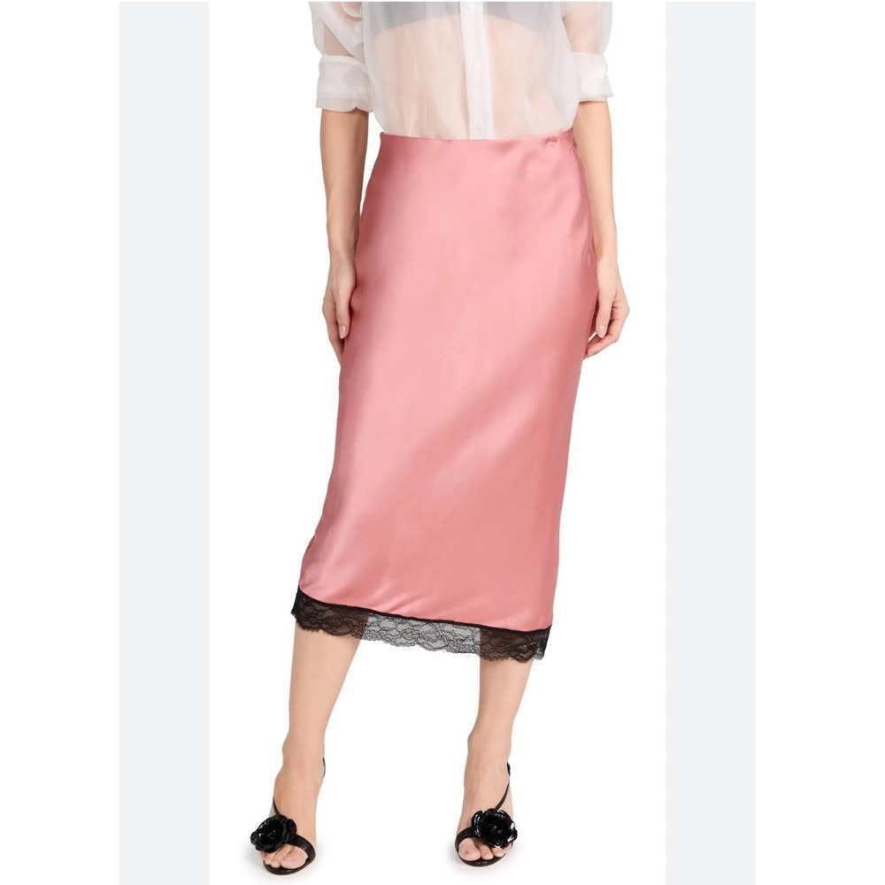 Anthropologie Scotch & Soda Pink Satin‎ Midi Skirt Black Lace Trim Slip Skirt S
